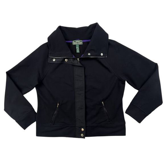 Lauren Ralph Lauren Jacket Black Large LRL Active Soft Cotton Blend Zip Snap - Picture 1 of 13